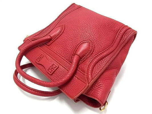 CELINE Luggage Nano Shopper Leather 2-Way Handbag Tote Shoulder Bag Crossbody Bag Red