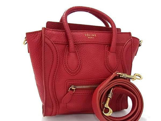CELINE Luggage Nano Shopper Leather 2-Way Handbag Tote Shoulder Bag Crossbody Bag Red