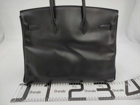 HERMES Birkin 35 〇Z Stamp Box Calf Black Handbag Tote Bag