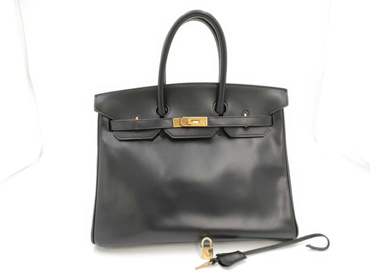 HERMES Birkin 35 〇Z Stamp Box Calf Black Handbag Tote Bag