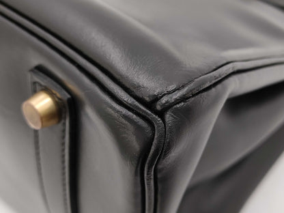 HERMES Birkin 35 〇Z Stamp Box Calf Black Handbag Tote Bag
