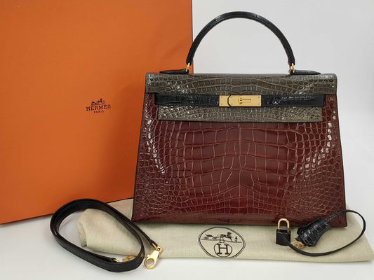 HERMES Kelly 32 Alligator Tricolore Shoulder Bag with Gold Hardware