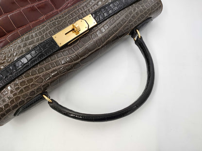 HERMES Kelly 32 Alligator Tricolore Shoulder Bag with Gold Hardware