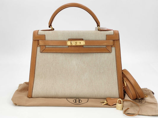 HERMES Kelly 32 Toile Natural Gold Hardware Shoulder Bag