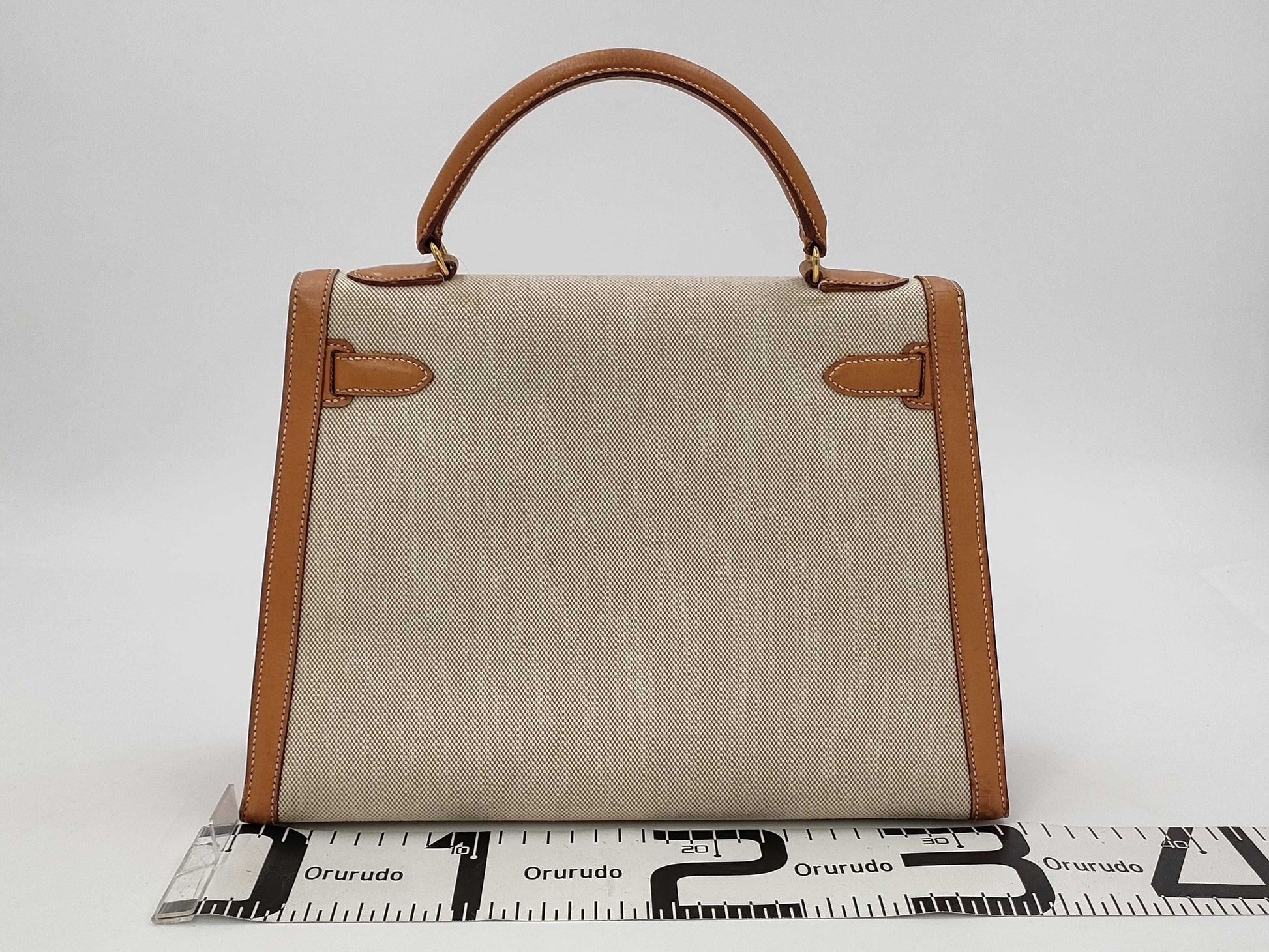 HERMES Kelly 32 Toile Natural Gold Hardware Shoulder Bag