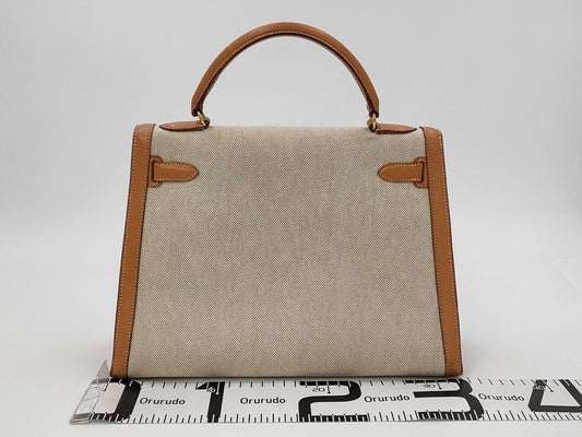 HERMES Kelly 32 Toile Natural Gold Hardware Shoulder Bag