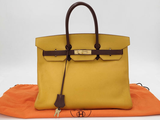 HERMES Birkin 35 Couchvel Havana x Jaune Gold Hardware Handbag