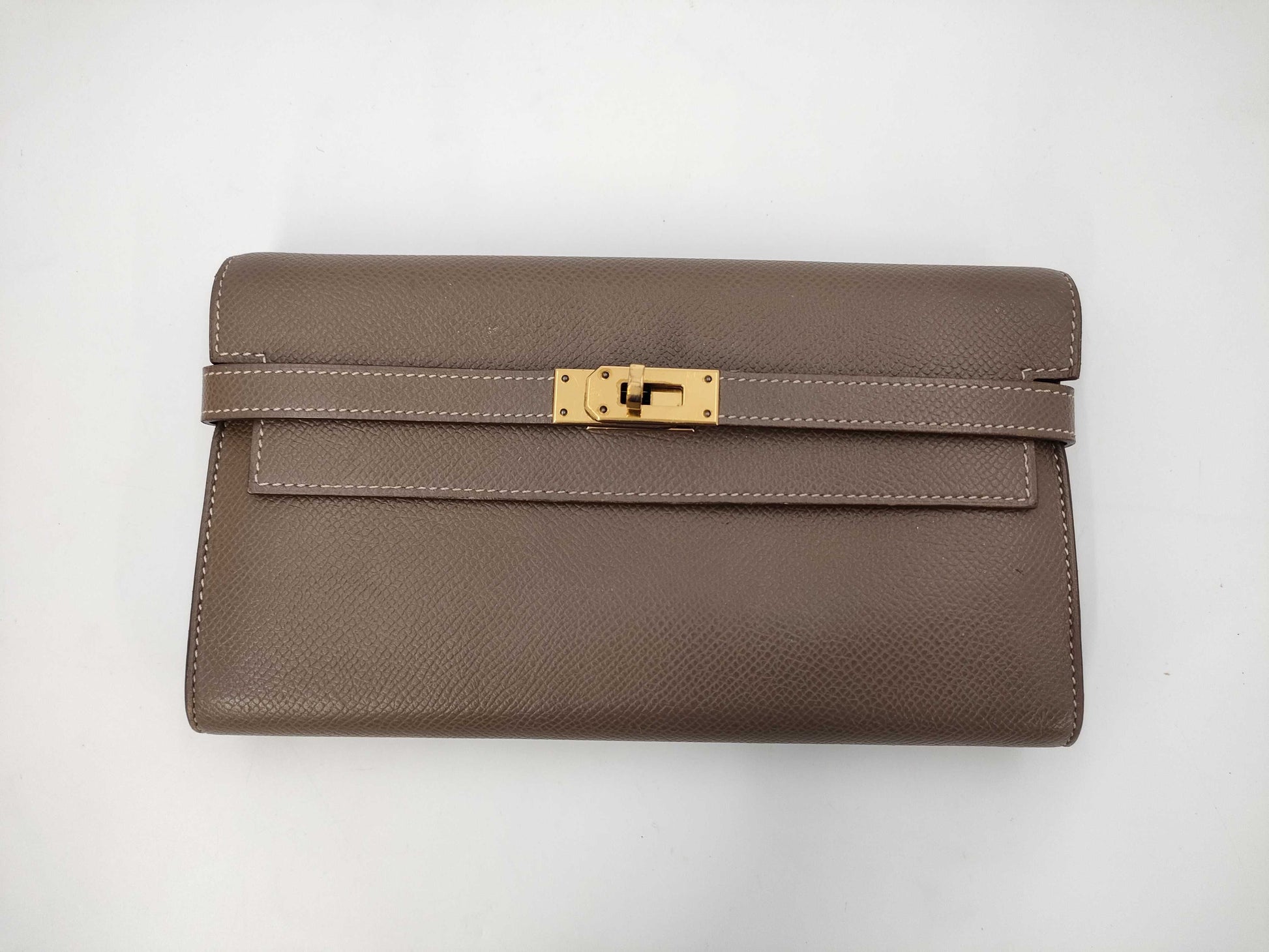 HERMES Kelly Wallet Long Etoupe Gold Hardware C Stamp Wallet