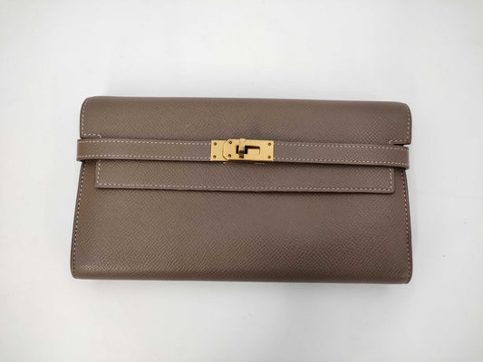 HERMES Kelly Wallet Long Etoupe Gold Hardware C Stamp Wallet