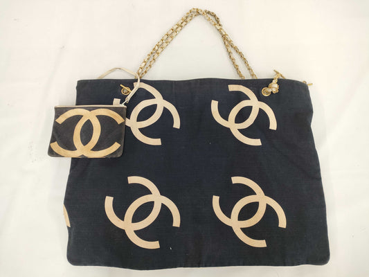CHANEL CHANEL Chain Navy Canvas Tote Bag with Pouch and Sticker