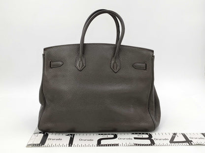 HERMES Birkin 35 Taurillon Clemence Leather Handbag with □I Stamp and Silver Hardware, Brown Tote Bag