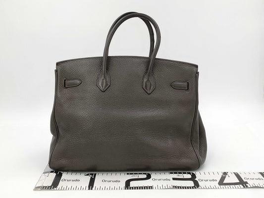 HERMES Birkin 35 Taurillon Clemence Leather Handbag with □I Stamp and Silver Hardware, Brown Tote Bag