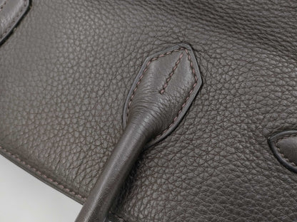 HERMES Birkin 35 Taurillon Clemence Leather Handbag with □I Stamp and Silver Hardware, Brown Tote Bag