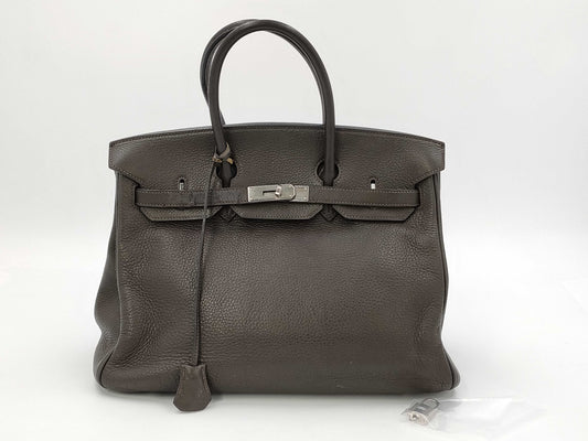 HERMES Birkin 35 Taurillon Clemence Leather Handbag with □I Stamp and Silver Hardware, Brown Tote Bag