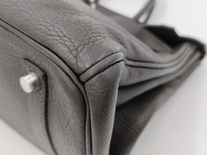 HERMES Birkin 35 Taurillon Clemence Leather Handbag with □I Stamp and Silver Hardware, Brown Tote Bag