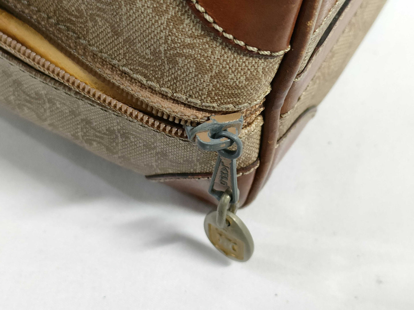 CELINE Mini Boston Bag, Macadam Pattern PVC Leather, Vintage Beige Handbag