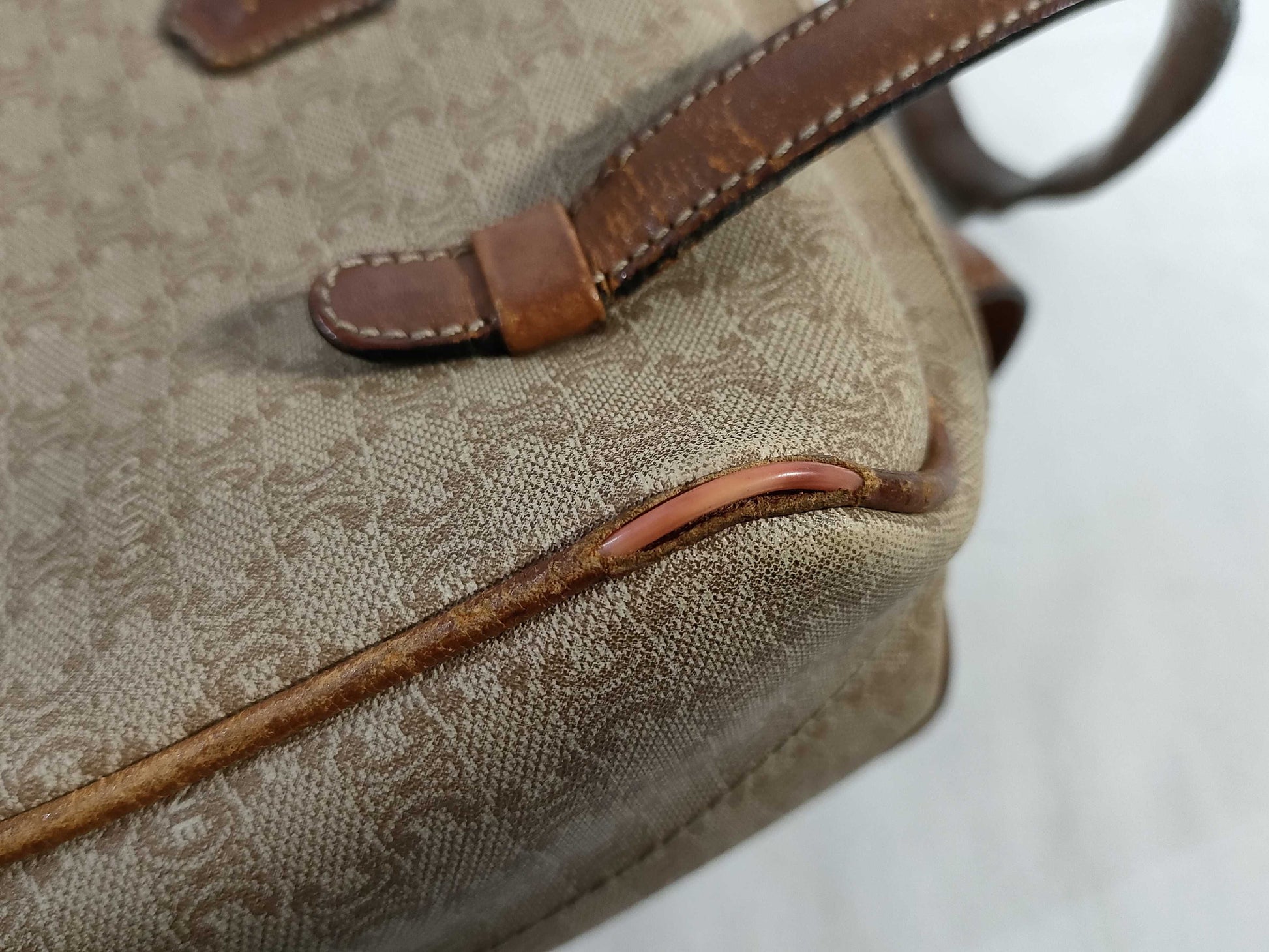 CELINE Mini Boston Bag, Macadam Pattern PVC Leather, Vintage Beige Handbag