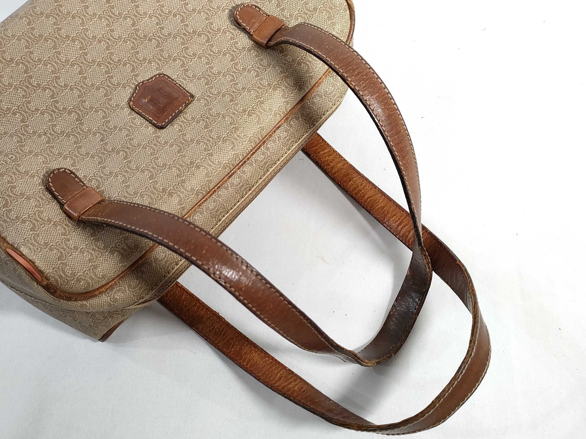 CELINE Mini Boston Bag, Macadam Pattern PVC Leather, Vintage Beige Handbag