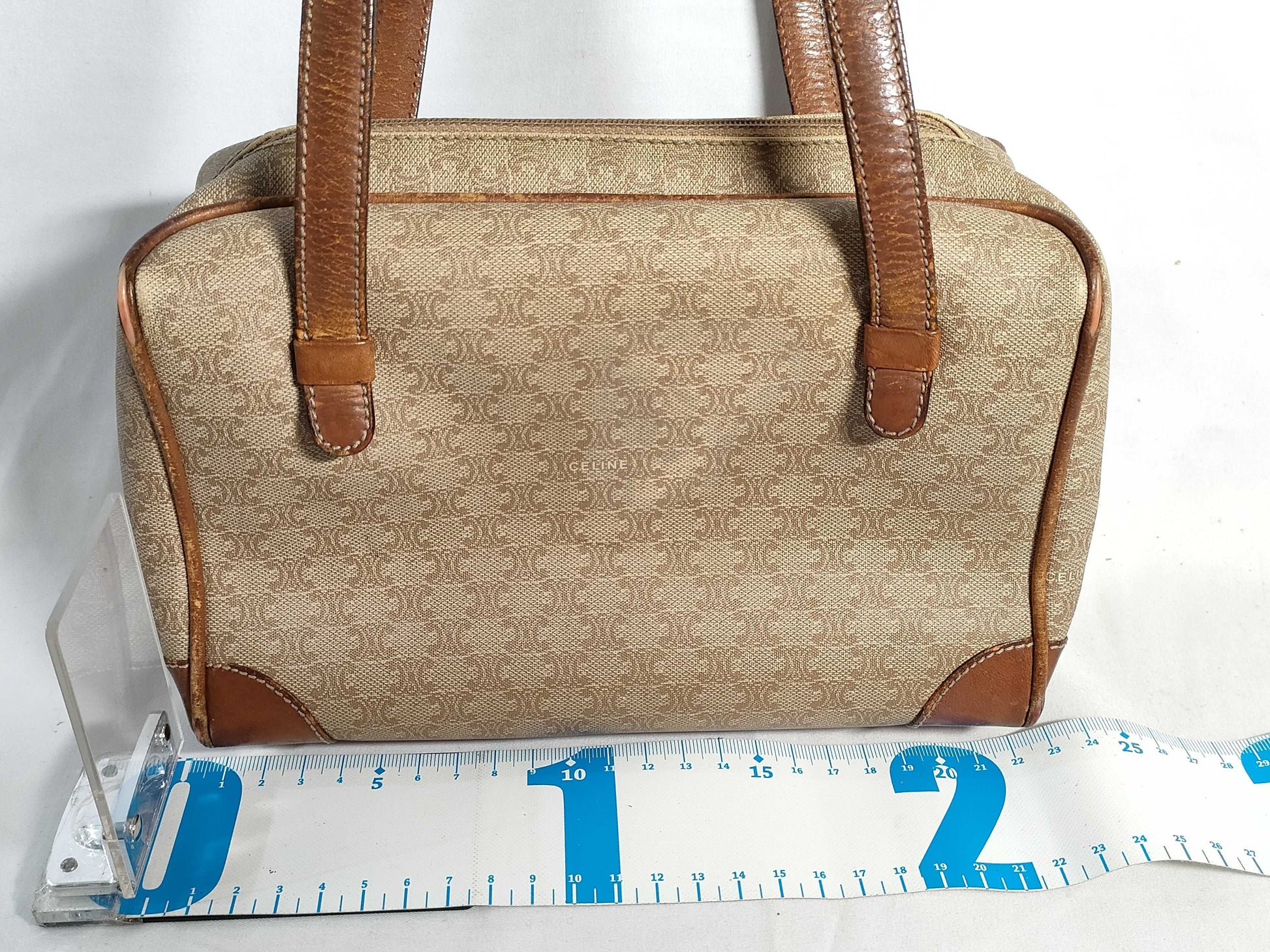 CELINE Mini Boston Bag, Macadam Pattern PVC Leather, Vintage Beige Handbag
