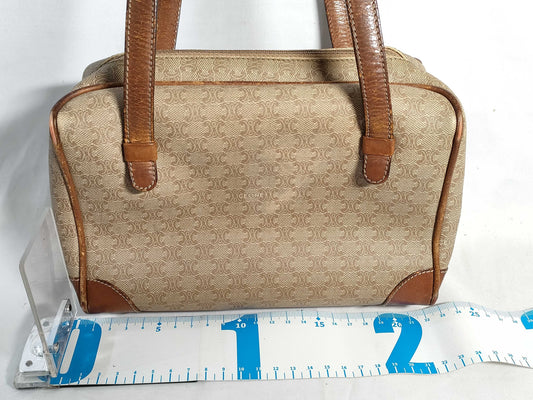 CELINE Mini Boston Bag, Macadam Pattern PVC Leather, Vintage Beige Handbag