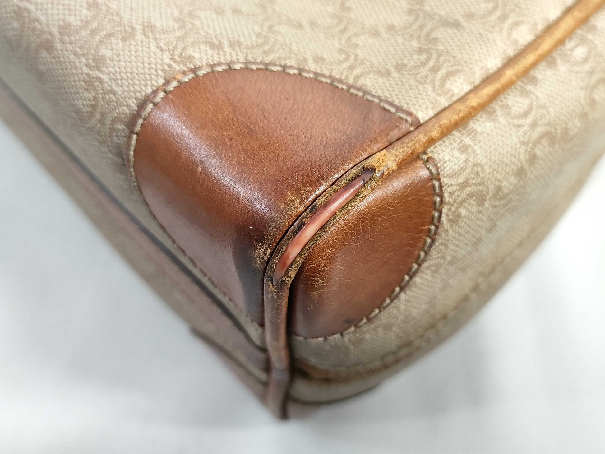 CELINE Mini Boston Bag, Macadam Pattern PVC Leather, Vintage Beige Handbag