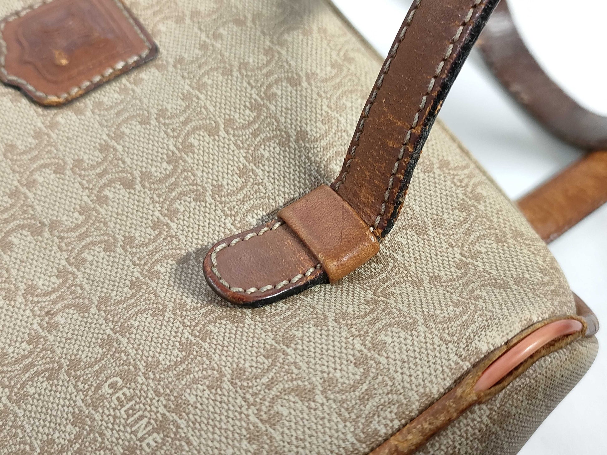 CELINE Mini Boston Bag, Macadam Pattern PVC Leather, Vintage Beige Handbag