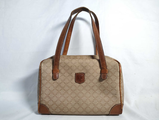 CELINE Mini Boston Bag, Macadam Pattern PVC Leather, Vintage Beige Handbag