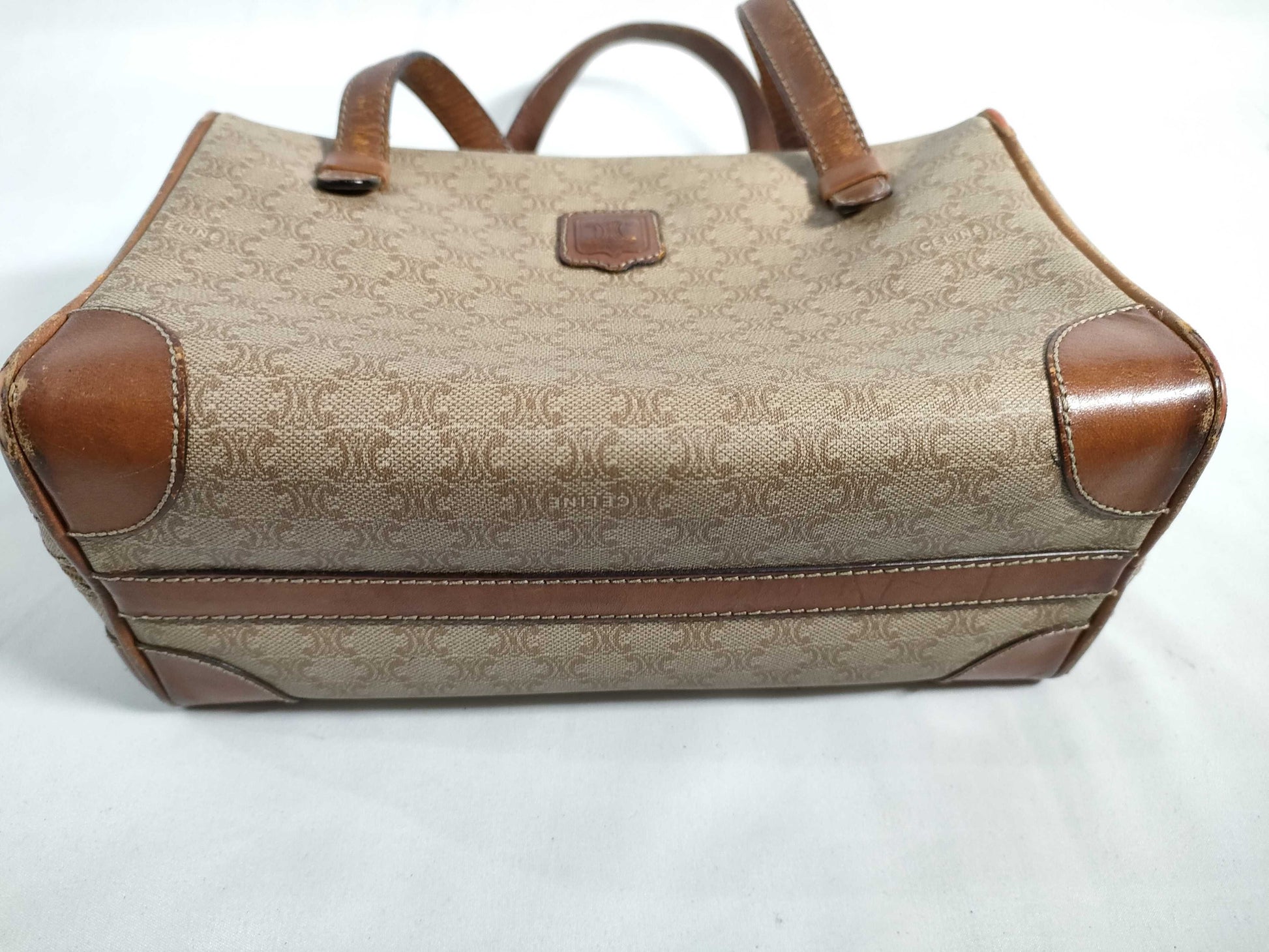 CELINE Mini Boston Bag, Macadam Pattern PVC Leather, Vintage Beige Handbag