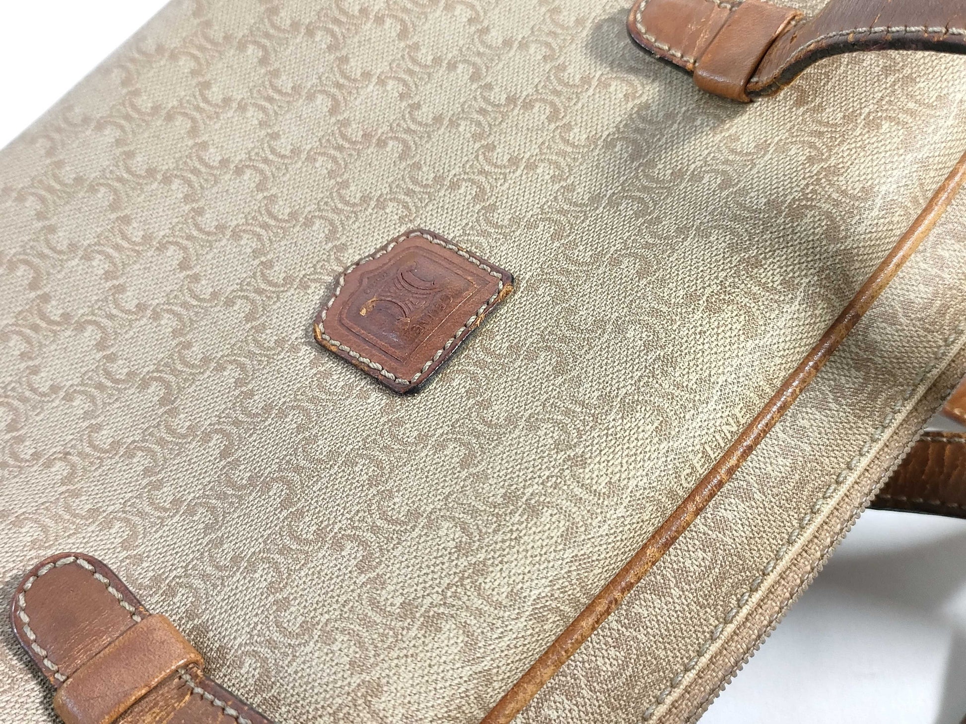 CELINE Mini Boston Bag, Macadam Pattern PVC Leather, Vintage Beige Handbag