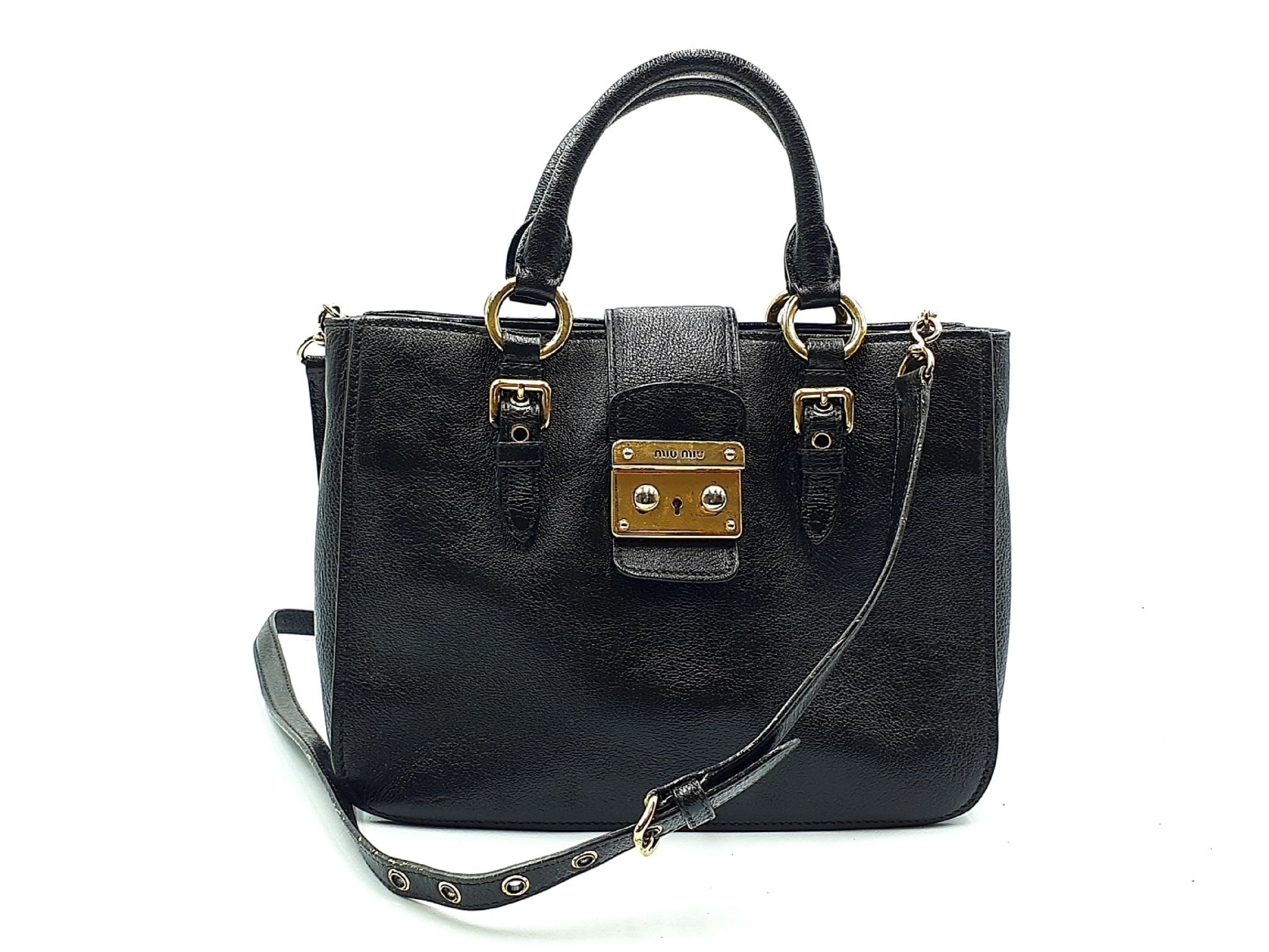 Miu Miu 2-way Madras Leather Handbag with Strap, Gold Hardware