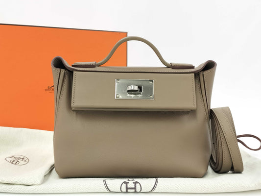 HERMES W-stamped 2-Way Van Yattle Mini 24 Etoupe Silver Hardware Handbag