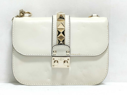 VALENTINO TH－Valentino Garavani Rockstud Leather x Studs Chain Shoulder Bag White Shoulder bag
