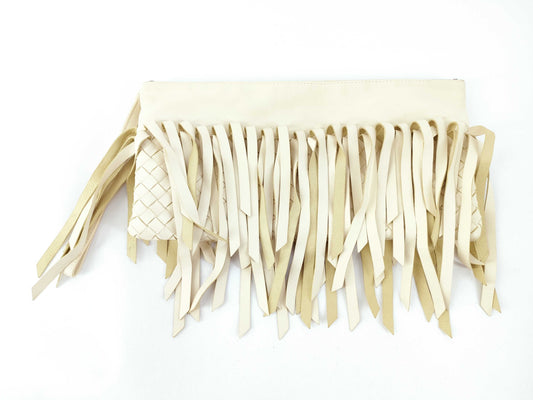 BOTTEGA VENETA Intrecciato Fringed Leather Clutch Bag White