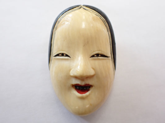 Noh Mask by Hiroyuki, Okame Otafuku, Blackened Teeth, Women's Brooch, Accessory