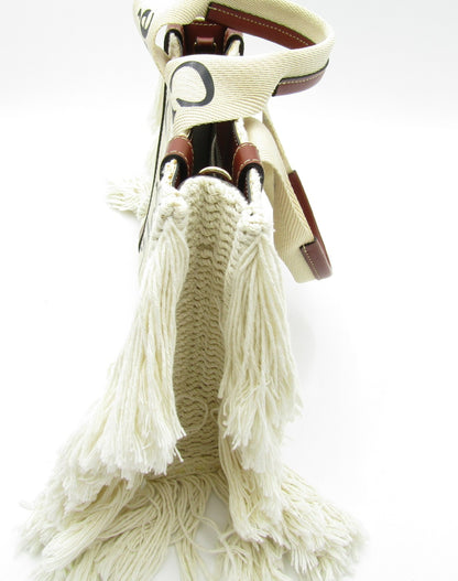 Chloe Woody Fringe Tote S Sepia Brown 2-Way Cotton/Leather Handbag