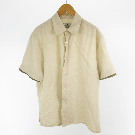 HERMES Short Sleeve Shirt with Faux Layered Sleeves, Cotton and Linen, Beige and Khaki, Size 41/16