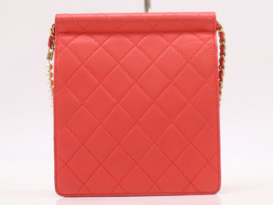 CHANEL Lambskin Matelasse Pearl Chain Shoulder Bag in Red with GD Hardware, Seal and Card Included, 27686544