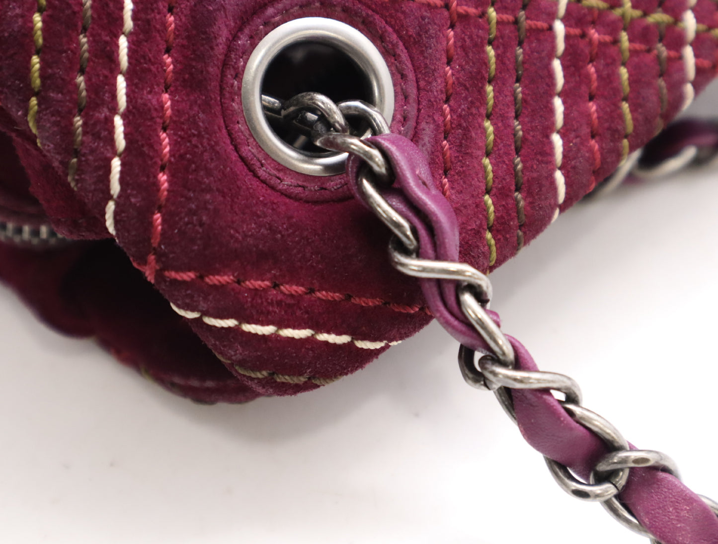 CHANEL Suede and Leather Wild Stitch Chain Shoulder Bag, Purple, with Charm and Seal, 18106488 Shoulder Bag