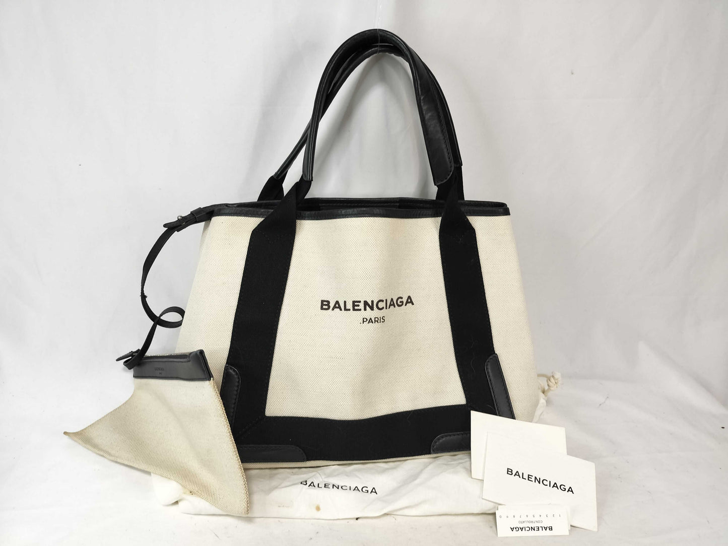 BALENCIAGA Navy Cabas Canvas and Leather Handbag, Beige and Black, 339933