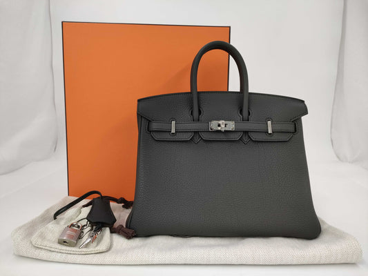 HERMES Birkin 25 Togo Handbag with Sterling Silver Hardware, K Stamp, and Seal