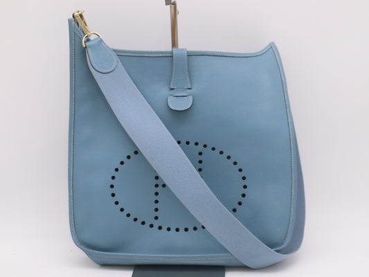 HERMES Taurillon Clemence K Stamp Evelyn 1GM Blue Jean Shoulder Bag with Shoulder Strap