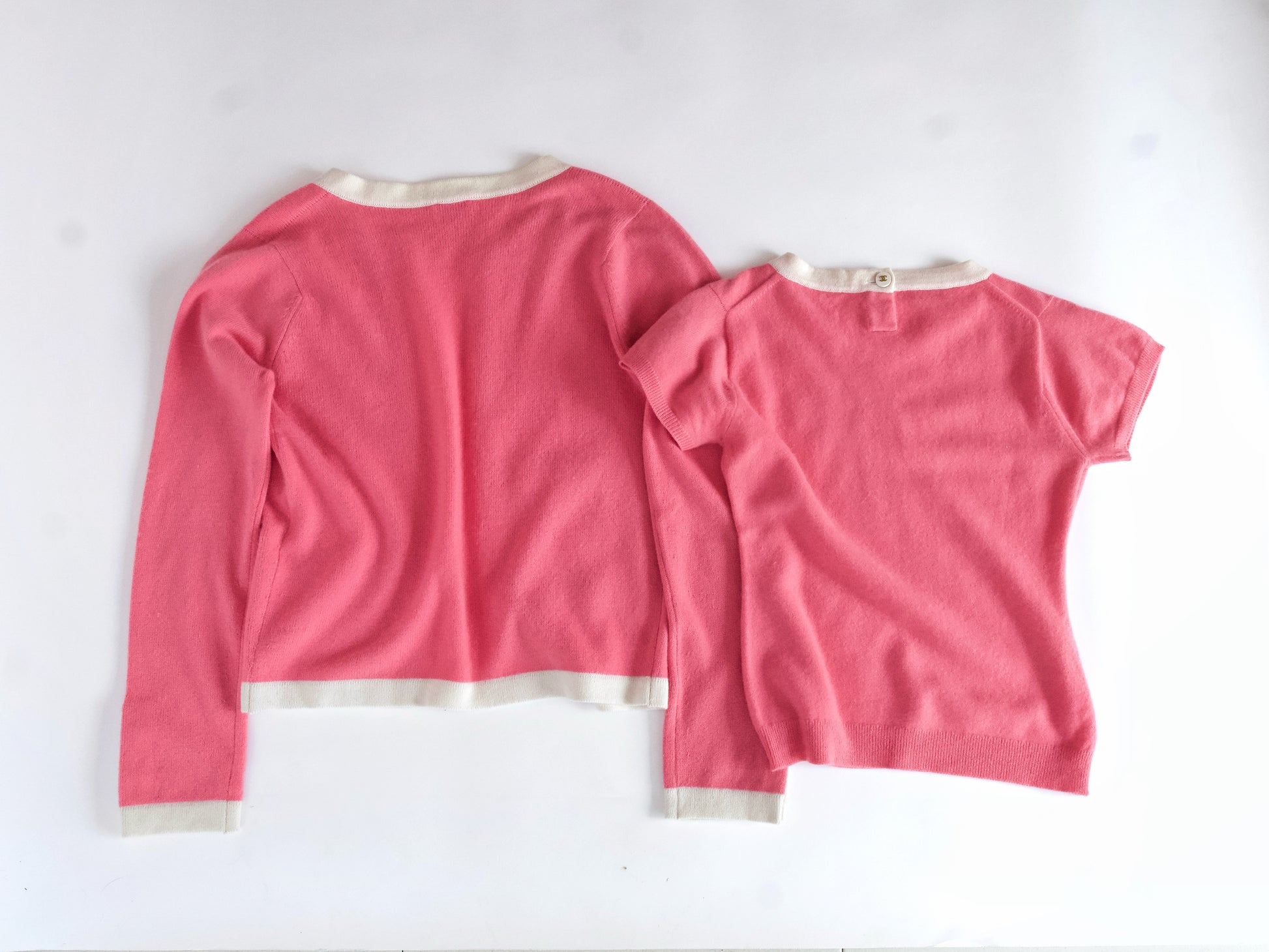 CHANEL 95C Cashmere Ensemble, Size 38, CC Button, Pink/Ivory Cardigan