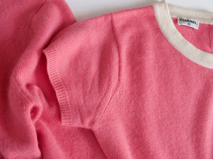 CHANEL 95C Cashmere Ensemble, Size 38, CC Button, Pink/Ivory Cardigan
