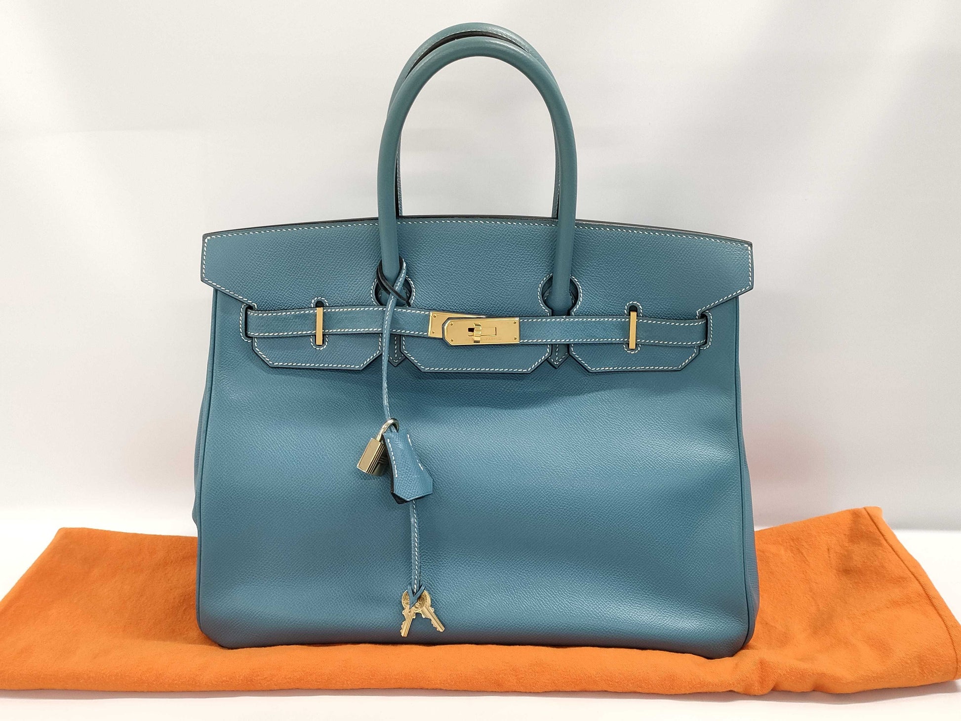 HERMES Birkin 35 Epsom Leather Blue Jean with Gold Hardware B Bag Handbag
