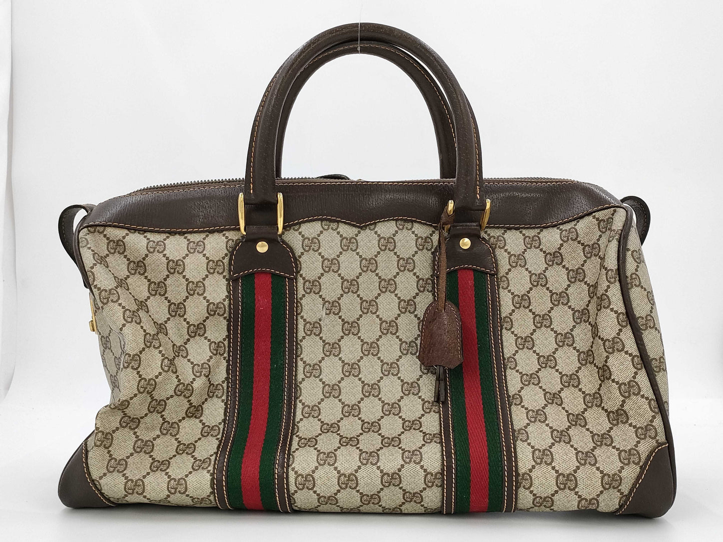 GUCCI GG Supreme Sherry Line Boston Bag, Coated Canvas and Leather