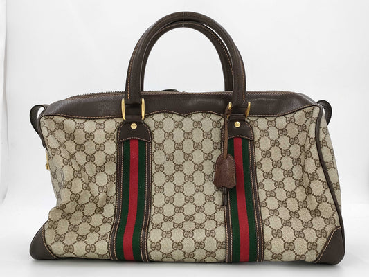 GUCCI GG Supreme Sherry Line Boston Bag, Coated Canvas and Leather