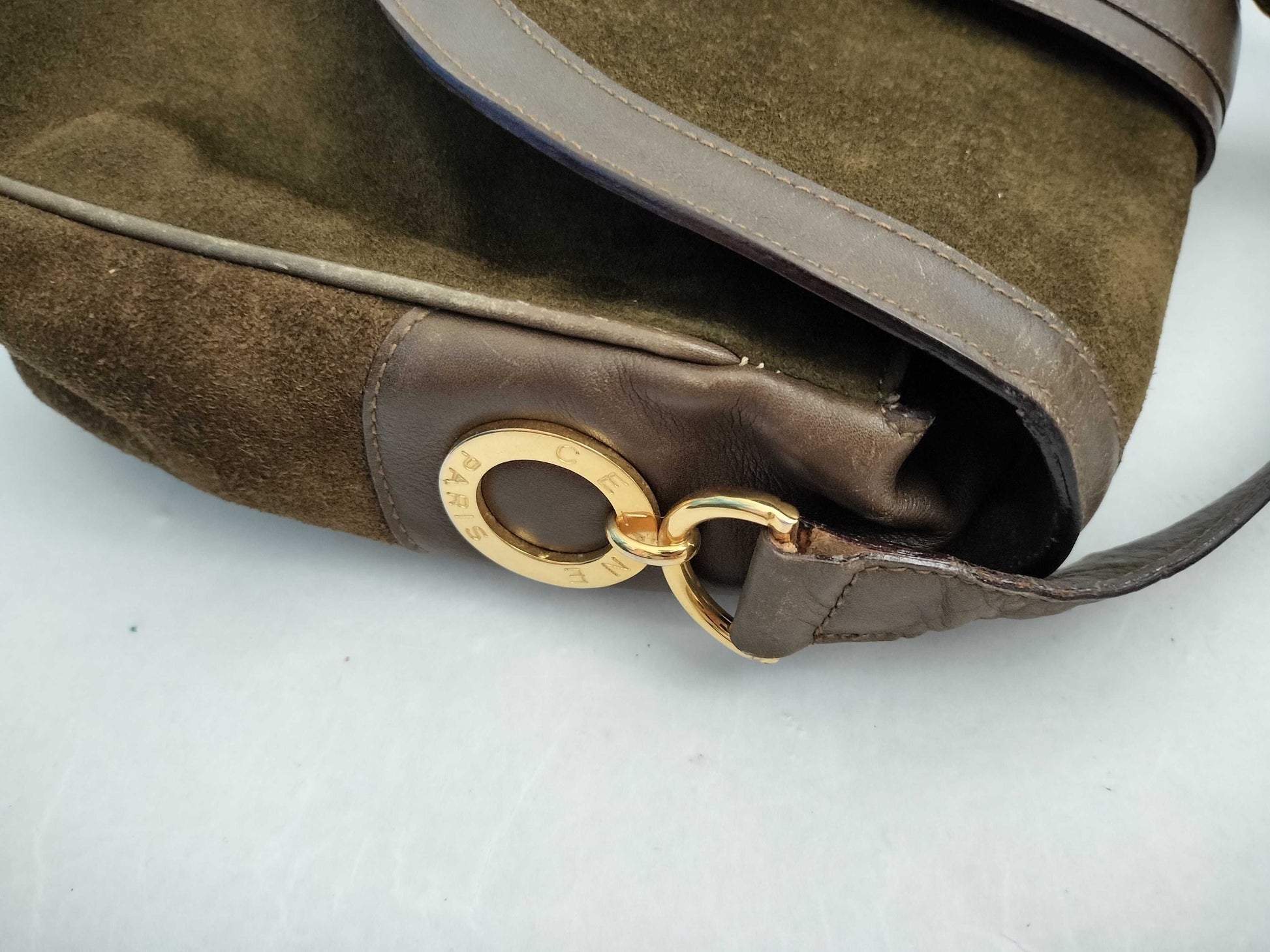 CELINE Macadam Suede Shoulder Bag in Green