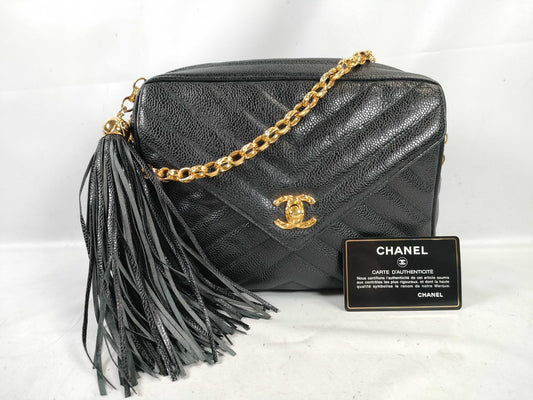 CHANEL Caviar Skin Chevron V-Stitch Fringe Chain Shoulder Bag 2556869