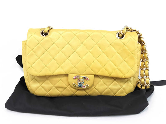 CHANEL Matelasse Shoulder Bag with Beaded Coco Mark, Yellow, WS7730