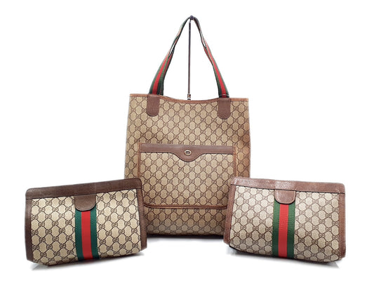 GUCCI 3-piece set: GG Supreme Sherry Line leather tote and leather second tote bag